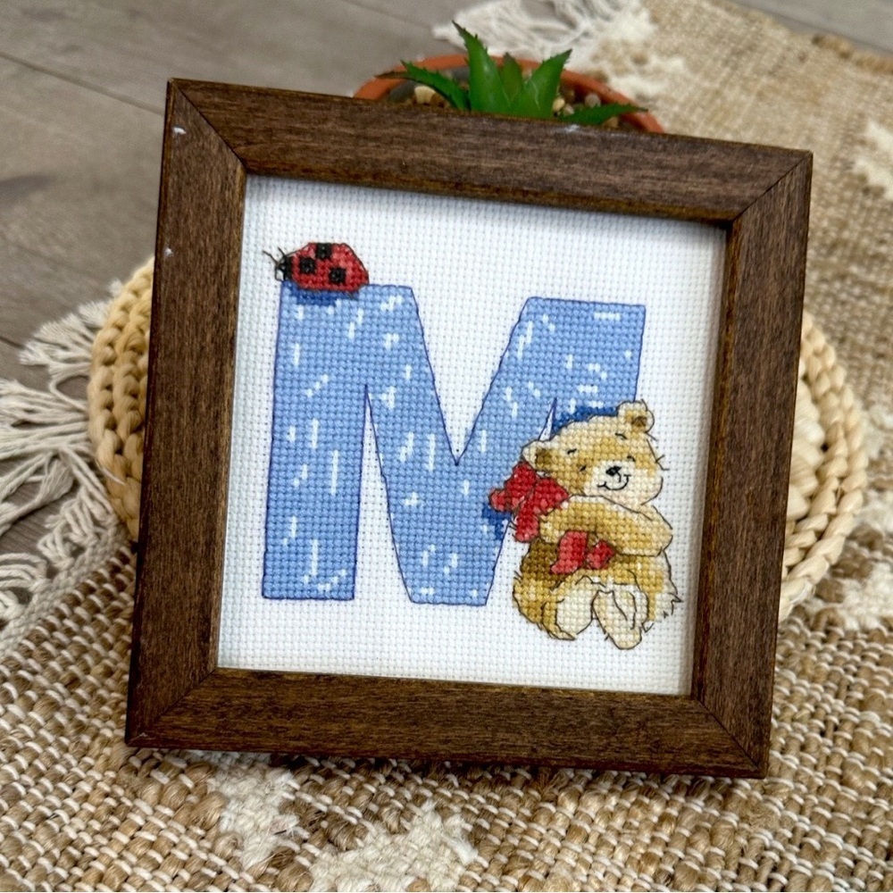 Vintage Baby Nursery Wall Art Framed Cross-Stitch Letter “M” with Bear & Ladybug
